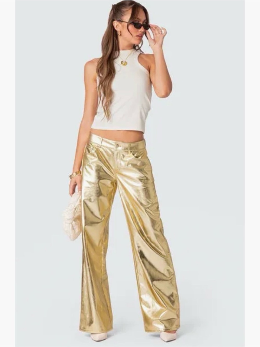 NWT EDIKTED Y2K 90s festival party retro glam golden Metallic Faux Leather Pants